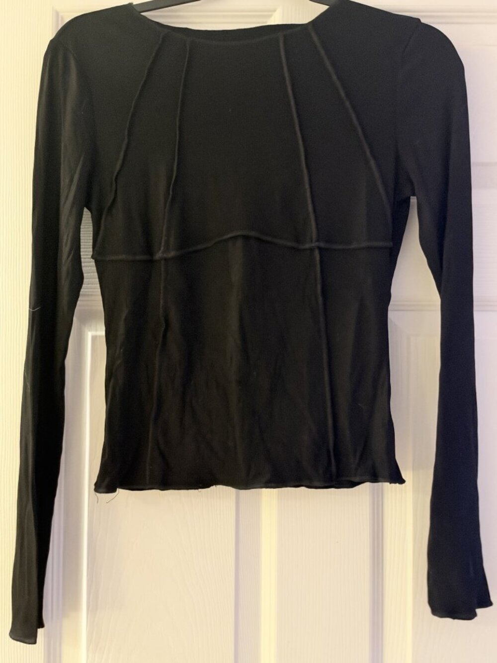 Commense Black Ribbed Long Sleeve Top, Exposed Seam Detail, Size S